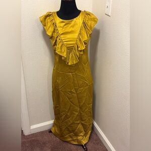 Anthropologie Seen Worn Kept Satin Ruffle Midi Dress Sleeveless Gold Yellow 2